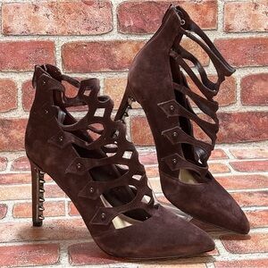 Fergie Burgundy Wine Purple Holly Studded Pump Strappy Suede Heels Women’s Sz.9